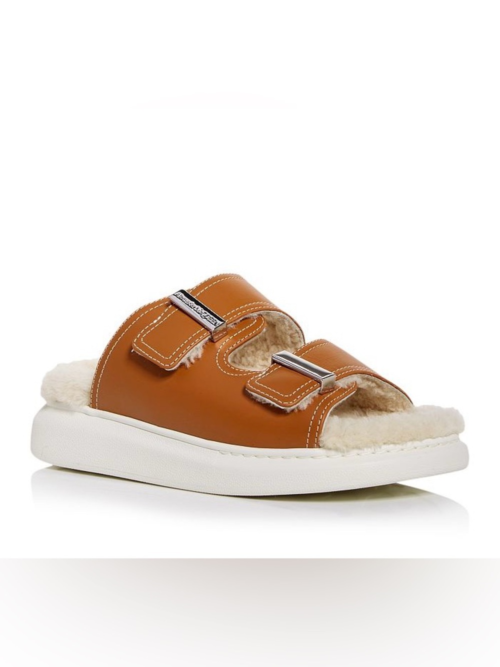 Alexander McQueen Shearling Leather Slide Sandals Brown Ivory EU 39 New NWOB